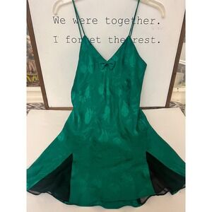 Vintage Victorias Secret Emerald Green Floral Satin Chemise Nightgown Small Bow